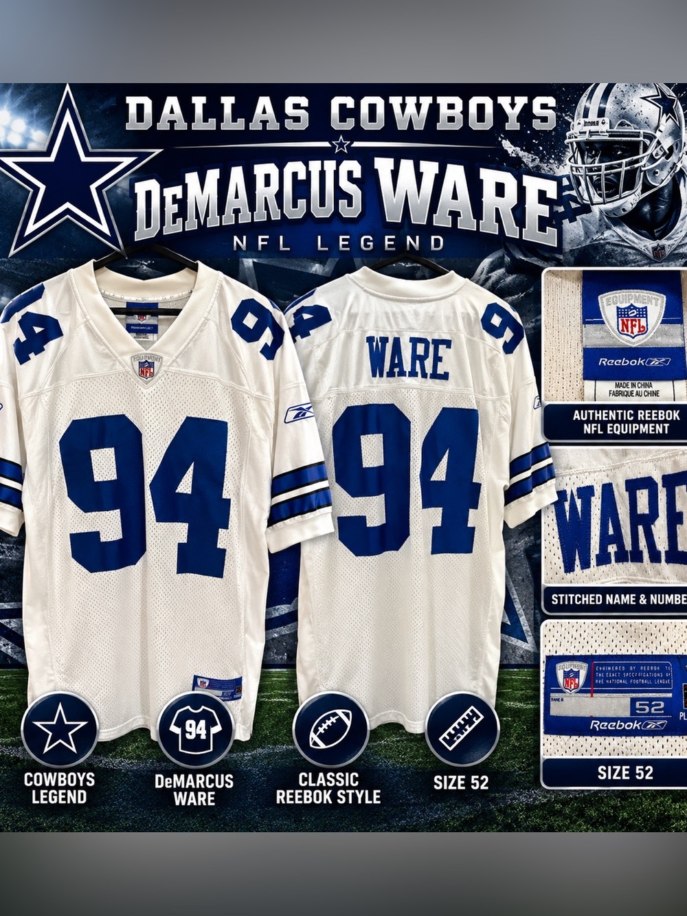 Dallas Cowboys DeMarcus Ware #94 Reebok NFL Jersey Size 52 White Blue